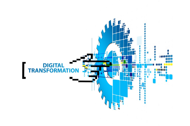 Digitalisierung-Logo mit "Digitalisierung"-Text in der Mitte auf einem weißen Hintergrund, mit einem Design aus blauen, schwarzen und gelben Punkten.