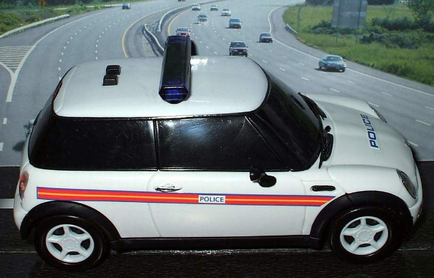 Weißes Polizeiauto auf einer Straße außerhalb einer Stadt, mit mehreren Fahrzeugen dahinter und Gras und Bäumen auf beiden Seiten.