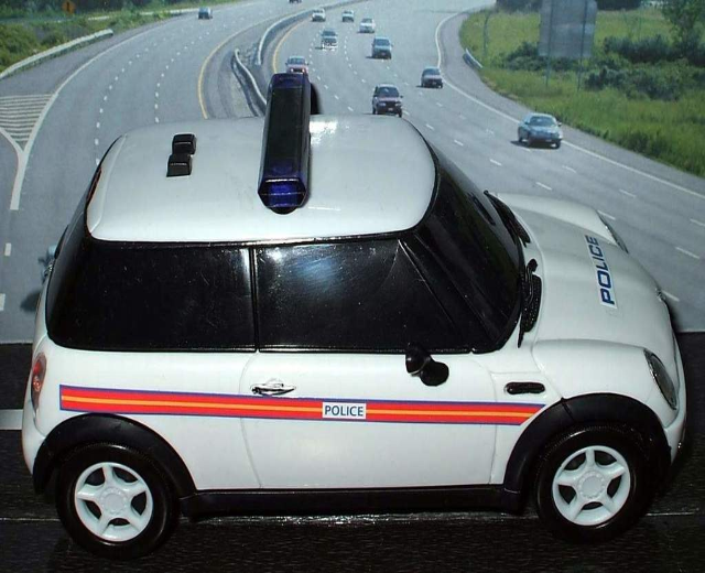 Weißes Polizeiauto auf einer Straße außerhalb einer Stadt, mit mehreren Fahrzeugen dahinter und Gras und Bäumen auf beiden Seiten.