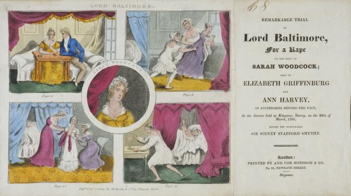 Illustration eines historischen Prozesses mit einem Dokument mit Porträts, Vorhängen und Text, das juristische Verfahren darstellt.