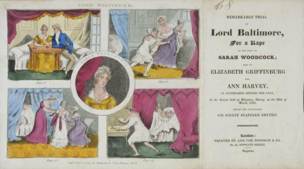 Illustration eines historischen Prozesses mit einem Dokument mit Porträts, Vorhängen und Text, das juristische Verfahren darstellt.