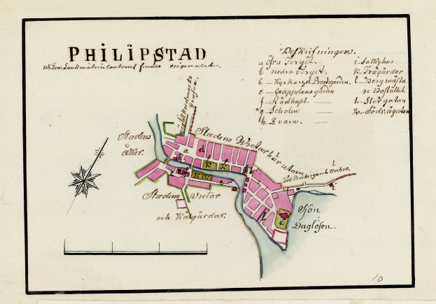 Ein detaillierter Stadtplan von Philippstadt, Deutschland, auf Papier, der Straßen, Gebäude und Sehenswürdigkeiten mit Textbeschriftungen zeigt.