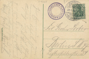 Alte Postkarte mit einer Briefmarke, die "Lichtenwald, Deutschland - Einschreiben nach Deutschland" trägt, mit handschriftlichem Text und zwei zusätzlichen Briefmarken in der oberen rechten Ecke.