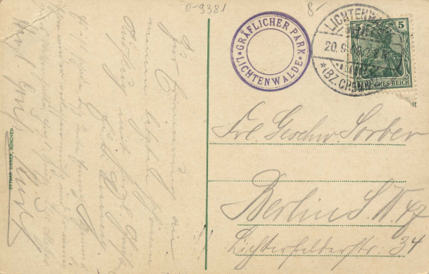 Alte Postkarte mit einer Briefmarke, die "Lichtenwald, Deutschland - Einschreiben nach Deutschland" trägt, mit handschriftlichem Text und zwei zusätzlichen Briefmarken in der oberen rechten Ecke.