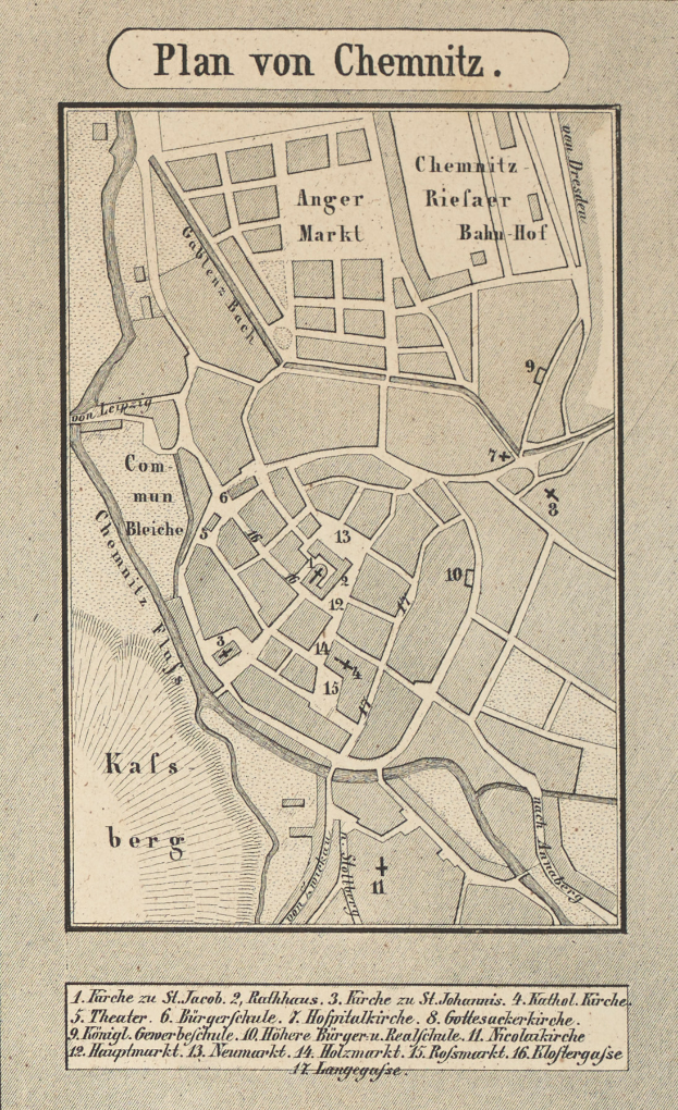 Ein detaillierter Stadtplan von Chemnitz, Deutschland, mit Straßen, Gebäuden und Sehenswürdigkeiten, überlagert mit handgeschriebener Text.