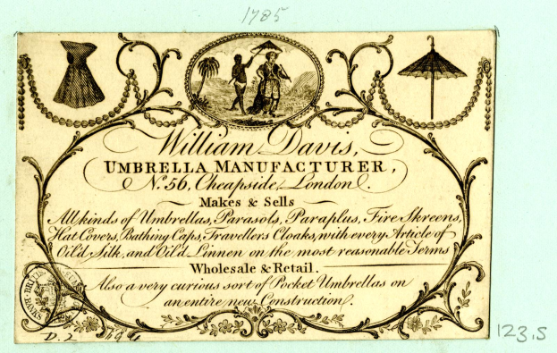 Alte Visitenkarte mit Porträt von William Davis, einem Schirmhersteller, und Text über die Unternehmensdienstleistungen.