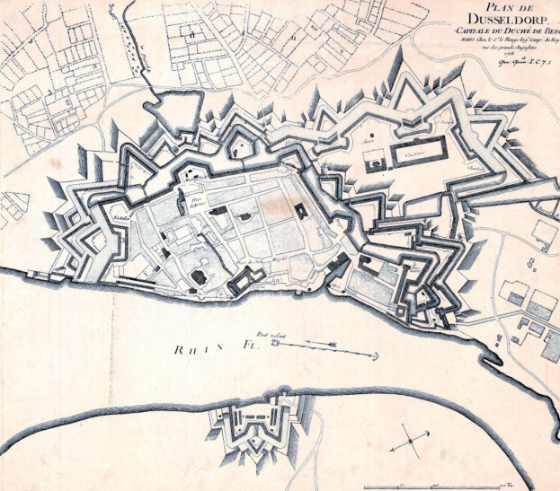 Detailierte Stadtplan-Poster von Düsseldorf, Deutschland, mit Straßen, Gebäuden, Sehenswürdigkeiten und Text mit Bevölkerungsangaben, Geschichte und kulturellen Informationen.