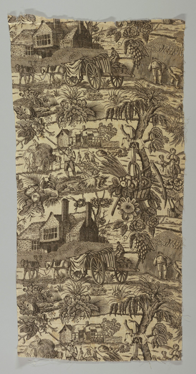 Ein Blatt Papier mit einer handgezeichneten Dorfszene, die Bäume, Menschen, Karren, Häuser und andere Gegenstände zeigt.