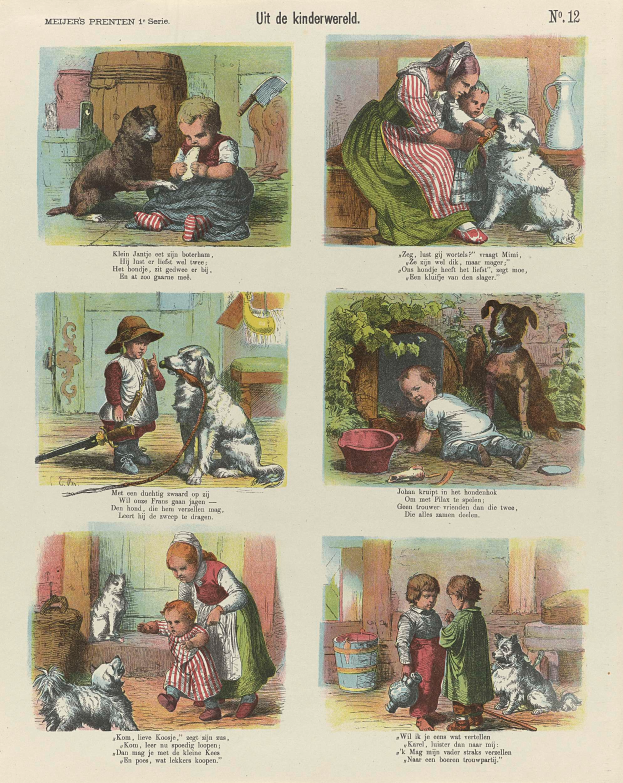 Ein Buchseite mit Kindern in bunten Kleidern und verschiedenen Hunderassen, mit geschwungener Schrift umgeben von einem dekorativen Rahmen.