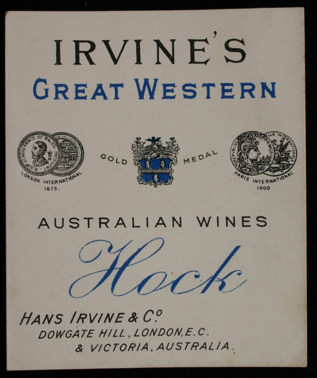 Plakatwerbung für Irvine's Great Western Australian Wines, das die Logos und Texte der verfügbaren Weinarten zeigt.