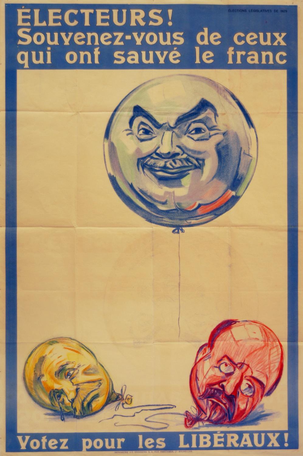 Ein französisches Wahlplakat aus den 1920er Jahren, das das Gesicht eines Mannes mit einem Ballon zeigt und dazu aufruft, sich an diejenigen zu erinnern, die Frankreich gerettet haben, und die Bedeutung des Wählens für die Freiheit betont.