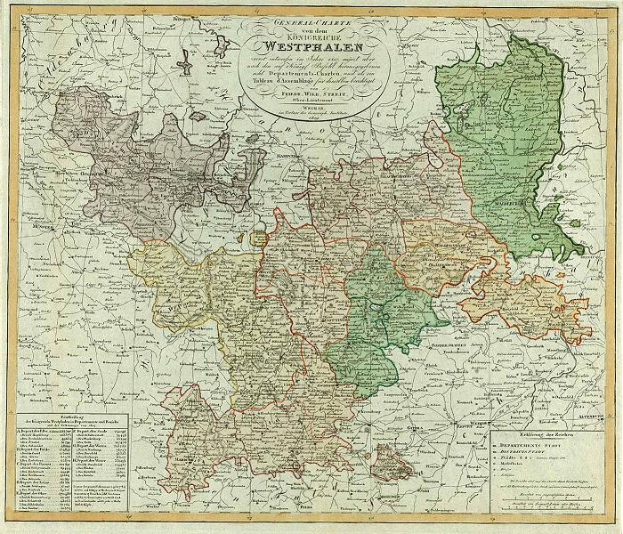Eine alte Deutschlandkarte mit hervorgehobenen Provinzen von Westfalen und Deutschland, gerahmt und mit informativem Text.