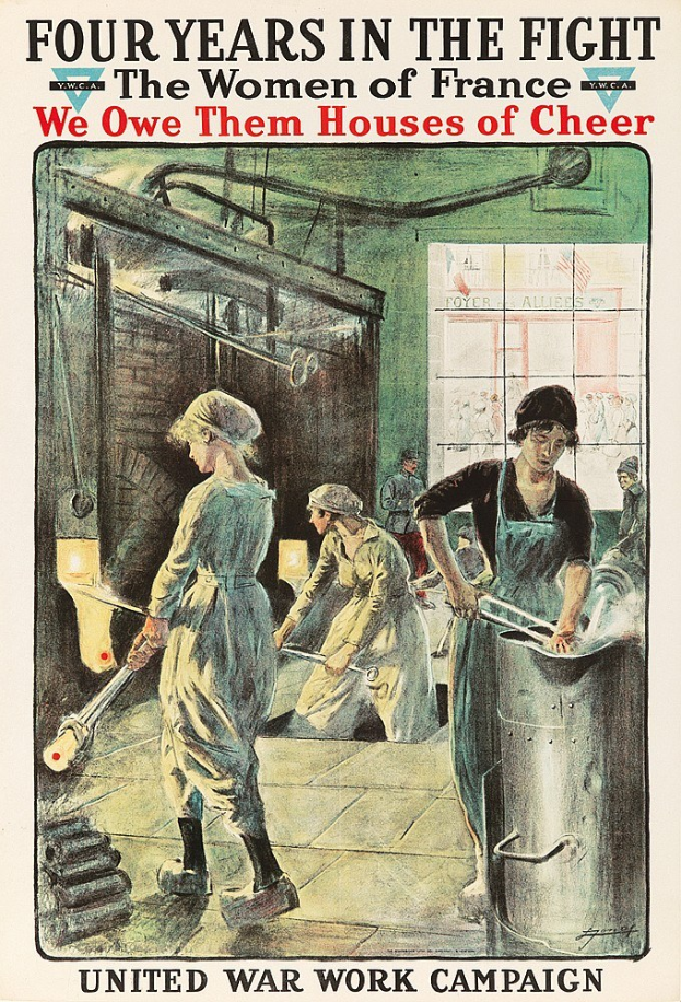 Plakat zeigt vier Frauen in einer Reihe mit entschlossenen Gesichtern, betitelt mit "Wir schulden ihnen Häuser der Freude", symbolisiert ihren Kampf und ihre Resilienz.