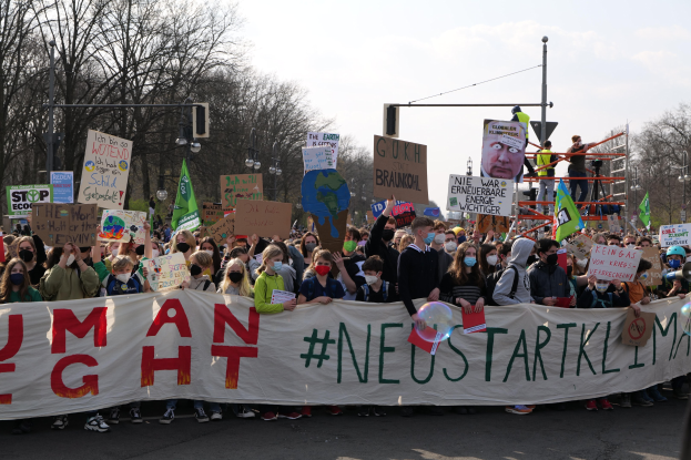 Eine große Gruppe von Menschen marschiert auf einer Straße, trägt ein 'Menschenrechte'-Schild und verschiedene Plakate, einige tragen Masken, mit Bäumen, Laternenpfählen und einem klaren blauen Himmel im Hintergrund.