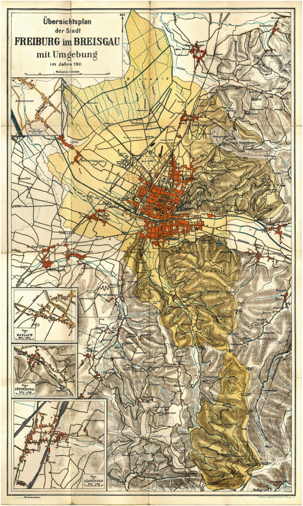 Ein detaillierter alter Stadtplan von Freiburg, Deutschland, der Straßen, Gebäude und Sehenswürdigkeiten zeigt, mit Text oben und unten.