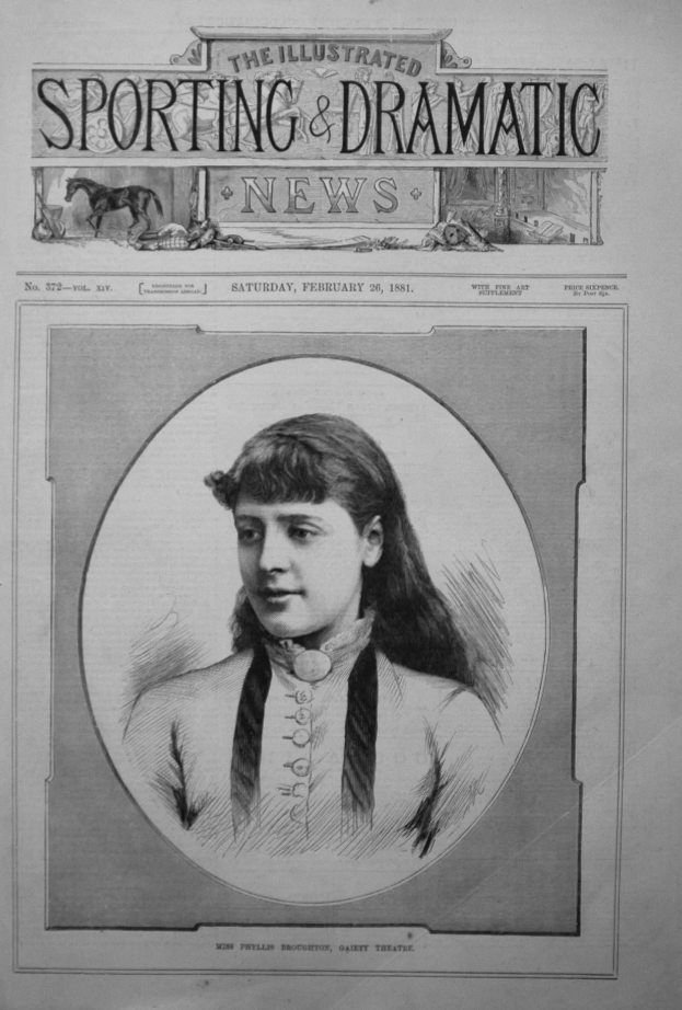 Alte Zeitung mit der Überschrift 'The Illustrated Sporting and Dramatic News' mit einer Zeichnung einer Frau in einem weißen Kleid mit einem gemusterten Schultertuch, ernstem Gesichtsausdruck und zurückgebundenem Haar.