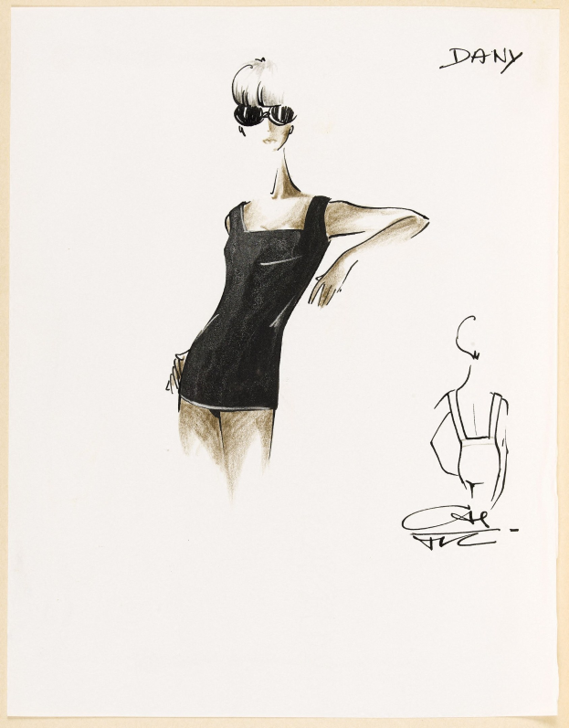 Eine Skizze einer Frau in einem hochgeschlossenen, langärmeligen schwarzen Kleid mit Aviator-Sonnenbrille, die selbstbewusst mit geschlossenen Augen und einem friedlichen Gesichtsausdruck steht.