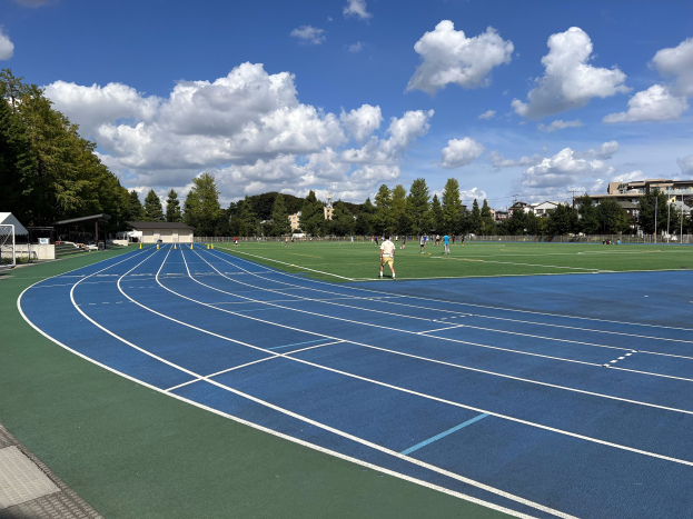 Eine Laufbahn mit laufenden Menschen, umgeben von grünem Gras und Bäumen, Schuppen und Pfosten auf der linken Seite und einem Himmel mit weißen Wolken.