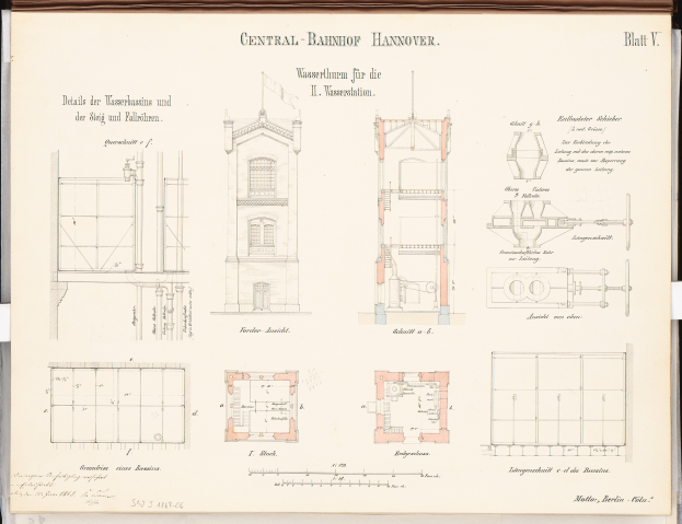 Ein Buchumschlag mit einer detaillierten Zeichnung des Central Bahnhofs Hannover, der seine architektonischen Elemente wie Fenster und Türen zeigt, mit begleitendem Text über die Gebäudegestaltung.