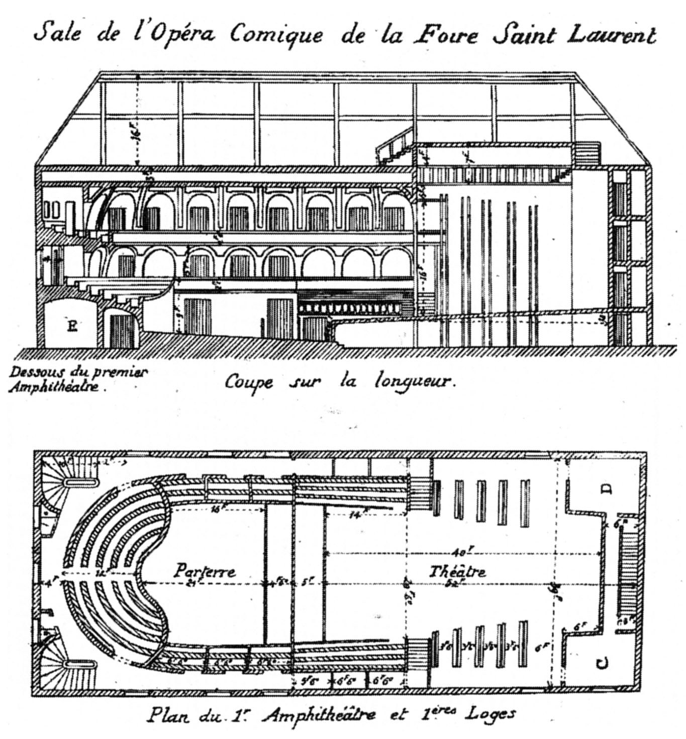 Schwarzes und weißes Architekturzeichnung eines Amphitheaters mit mehreren Fenstern und einem detaillierten Grundriss, der Reihen von Sitzen, einen Auditorium und eine Buhne zeigt.