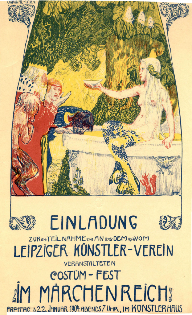 Ein Plakat, das ein Festival in München ankündigt und ein Gemälde einer Frau mit menschlichem Gesicht zeigt, umgeben von Menschen und Bäumen, mit Text darauf.