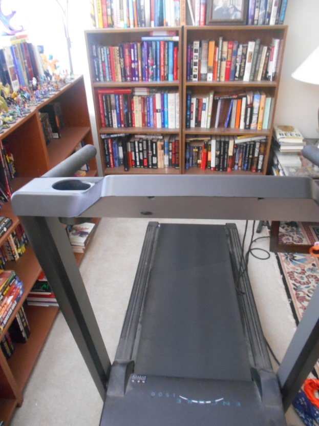 Ein Laufband in der Mitte mit Bücherregalen, die mit Büchern und anderen Gegenständen gefüllt sind, auf der linken Seite und im Hintergrund, mit einem Boden unten sichtbar.