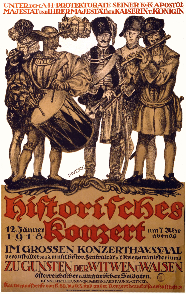 Ein Konzertplakat mit einer Gruppe von Männern in bunter Kleidung, die Trommeln, Trompeten und Gitarren spielen, mit Text, der das Ereignis beschreibt.