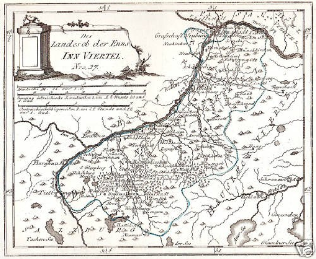 Detailierte Landkarte des Rheins in Deutschland, die seinen gewundenen Verlauf durch die Region mit gekennzeichneten Sehenswürdigkeiten und geografischen Merkmalen zeigt, begleitet von Text und einem Bild einer Säule.