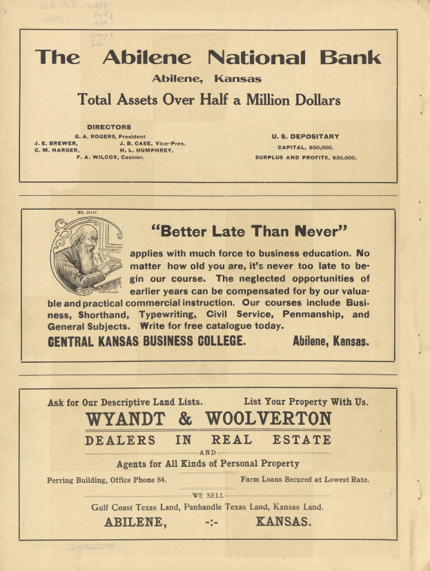 Eine alte Zeitungsannonce für die Abilene National Bank, die ein zentrales Bild einer Person und Textbeschreibungen der Bankdienste zeigt.