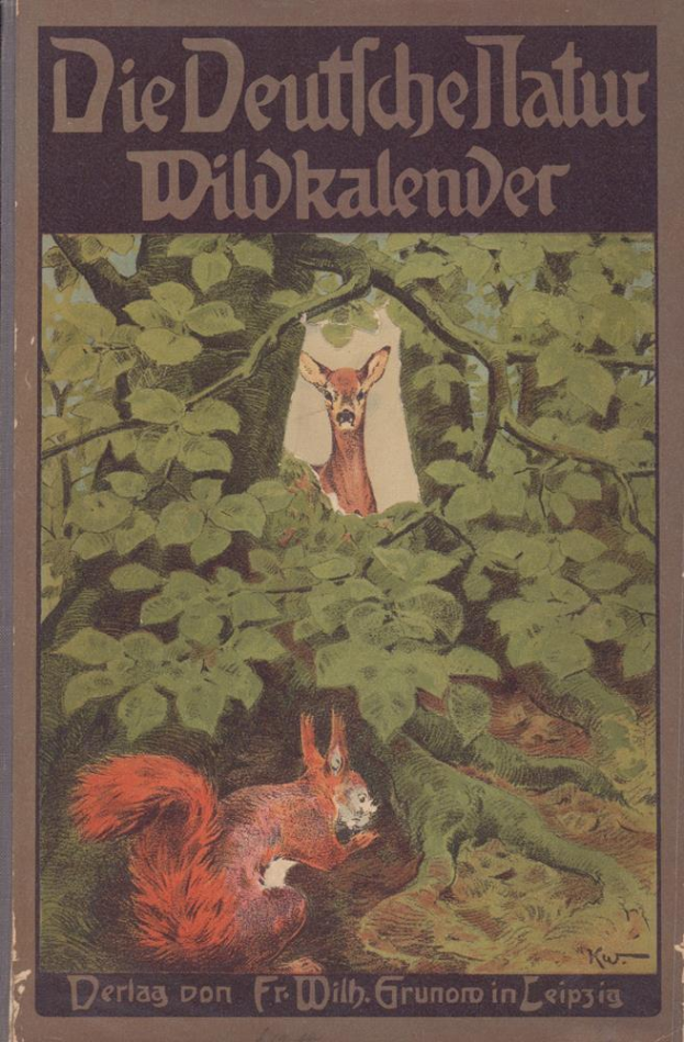 Ein Buch mit dem Titel "Die Deutschen Jagd Wildkalender" mit einer Illustration eines Rehs und eines Eichhörnchens in einem Waldgebiet.