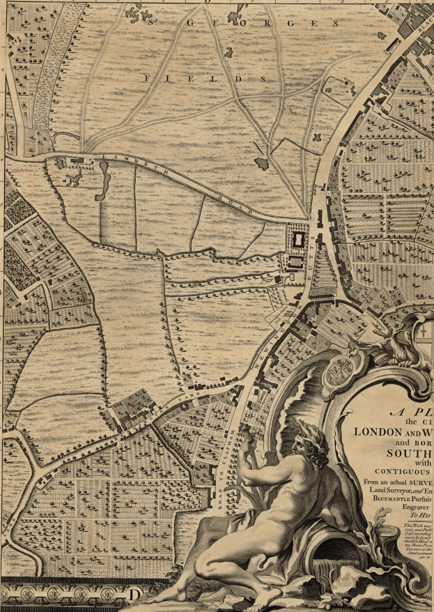 Ein detailliertes Poster mit einer Karte von London und seinen umliegenden Gebieten mit einer zentralen Skulptur einer Person.