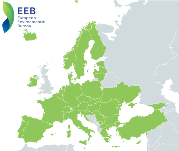 Eine Europakarte mit dem Logo der European Environmental Bureau in der linken oberen Ecke, die in verschiedenen Grüntönen schattiert ist, um die EU-Regionen anzuzeigen.