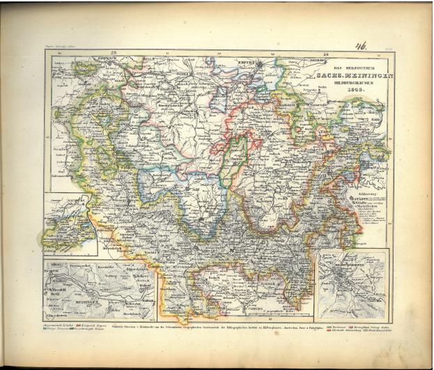 Ein altes Buch mit einer detaillierten Karte von Deutschland, das Provinzen und Städte zeigt, begleitet von beschreibendem Text.