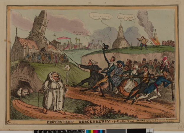 Eine Karikatur einer Gruppe von Menschen auf einem Feld, einige halten Gegenstände, mit Gebäuden und Zelten im Hintergrund und dem Text "Evangelische Abspaltung: Ein Ruck an der Kirche" unten.