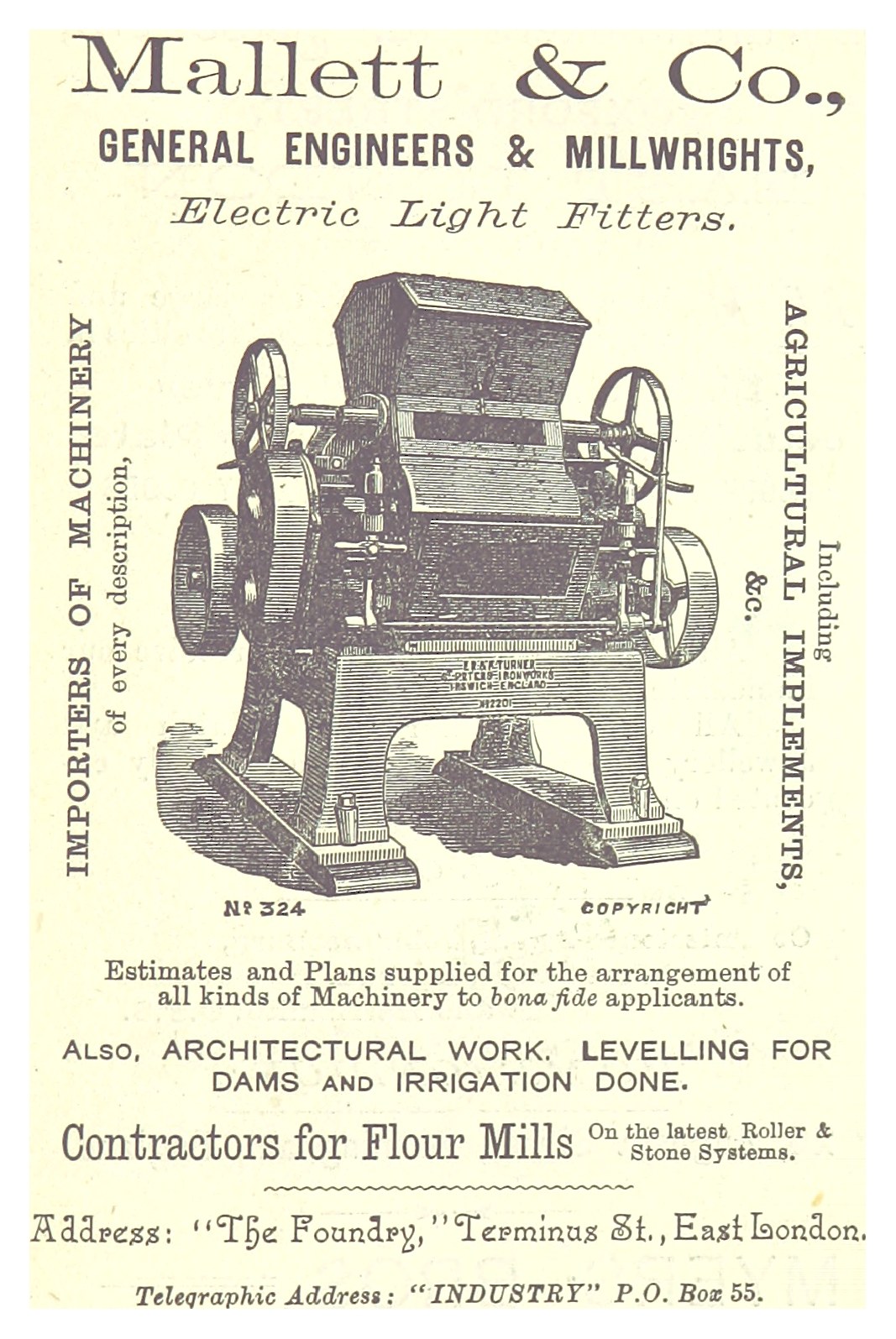Anzeige für die Elektrolichtfiltermaschine von Mallett & Co., die das Gerät und seine beschriebenen Funktionen zeigt.