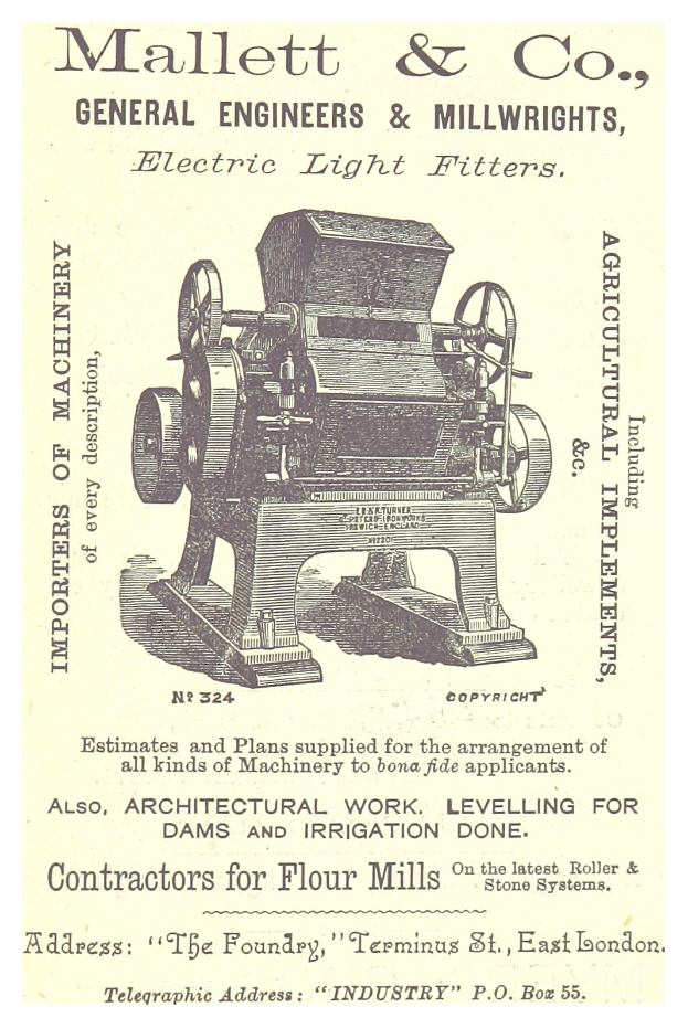 Anzeige für die Elektrolichtfiltermaschine von Mallett & Co., die das Gerät und seine beschriebenen Funktionen zeigt.