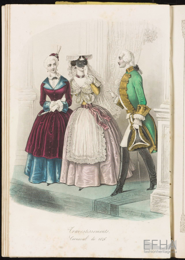 Ein aufgeschlagenes Buch mit dem Titel "Cravestissements, Carnival de 1781", das eine Zeichnung von drei Frauen in farbenfrohen, detaillierten Kleidern und einem Mann in einem grünen Anzug zeigt.
