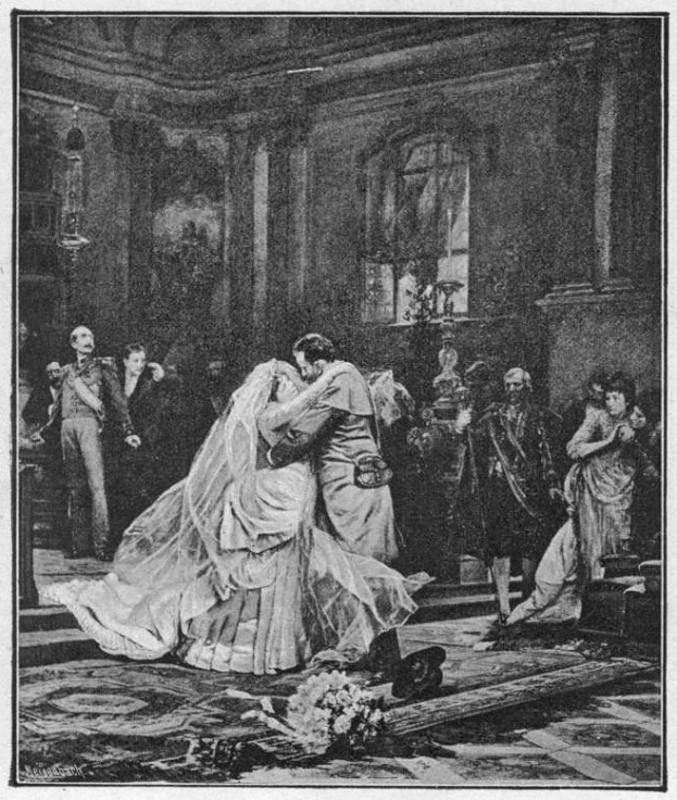 Ein Schwarz-Weiß-Foto einer Braut und eines Bräutigams, die sich leidenschaftlich umarmen und küssen, vor einer Menge, mit einem Blumenstrauß auf dem Boden und einer Wand mit einem Fenster im Hintergrund.