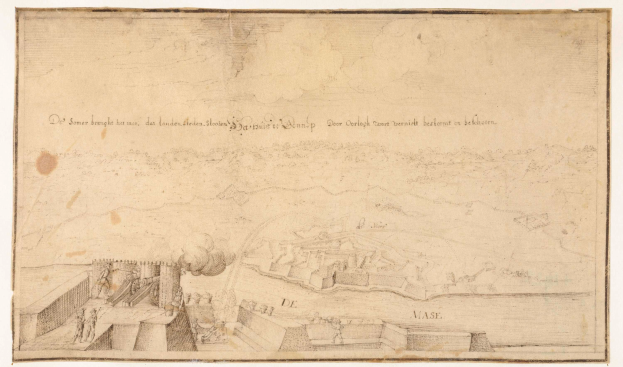 Ein detailliertes Bild einer belagerten Stadt mit einer Burg im Hintergrund auf einem Blatt Papier mit Text über die Belagerung von Düsseldorf.