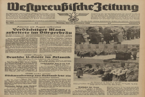 Alte deutsche Zeitungsvorderseite vom 13. November 1939 betitelt "Weitpreubliche Zeitung", die eine Gruppe von Menschen in traditioneller deutscher Kleidung in einer feierlichen Umgebung zeigt.
