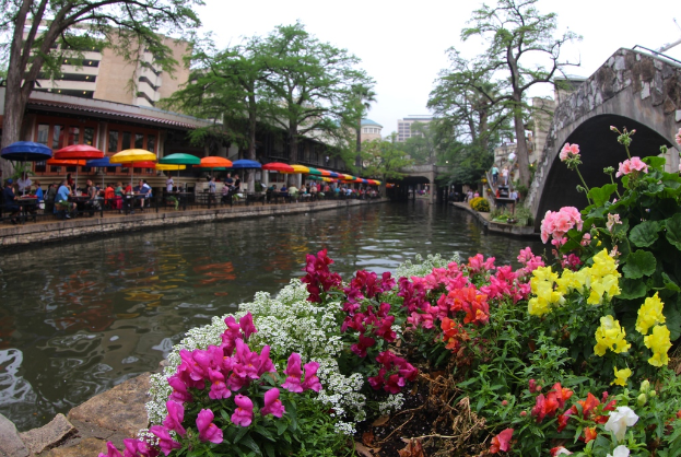 Eine Szene mit einem Restaurant auf der linken Seite, die Personen zeigt, die unter Schirmen sitzen, einem Kanal in der Mitte und zahlreichen Pflanzen auf der rechten Seite, mit Bäumen und Himmel im Hintergrund.