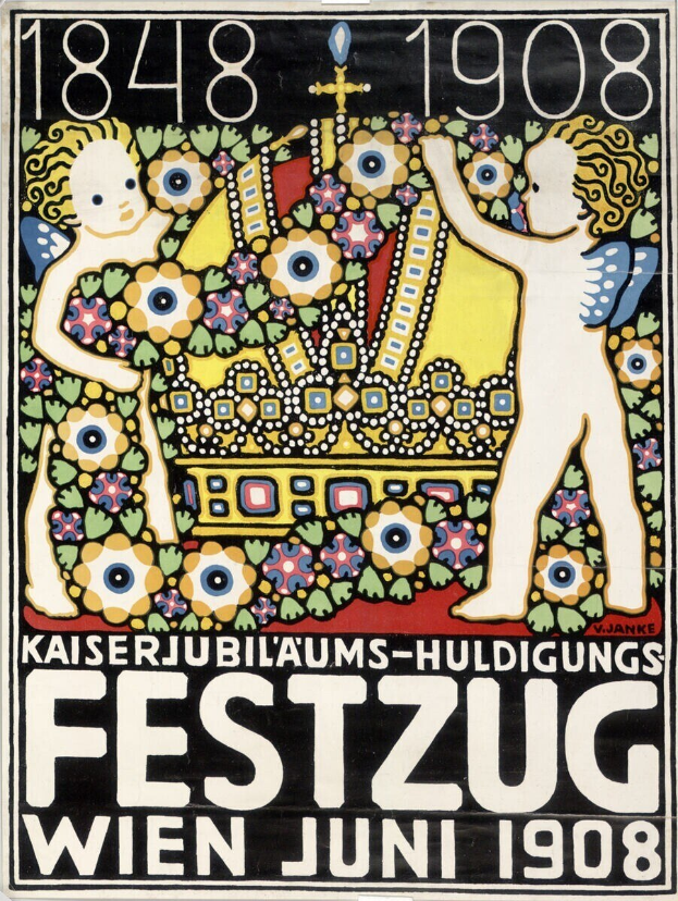 Plakat für ein Wiener Festival mit einem Gemälde von einem Jungen und einem Mädchen, die Arm in Arm stehen und Text mit Festivaldetails.