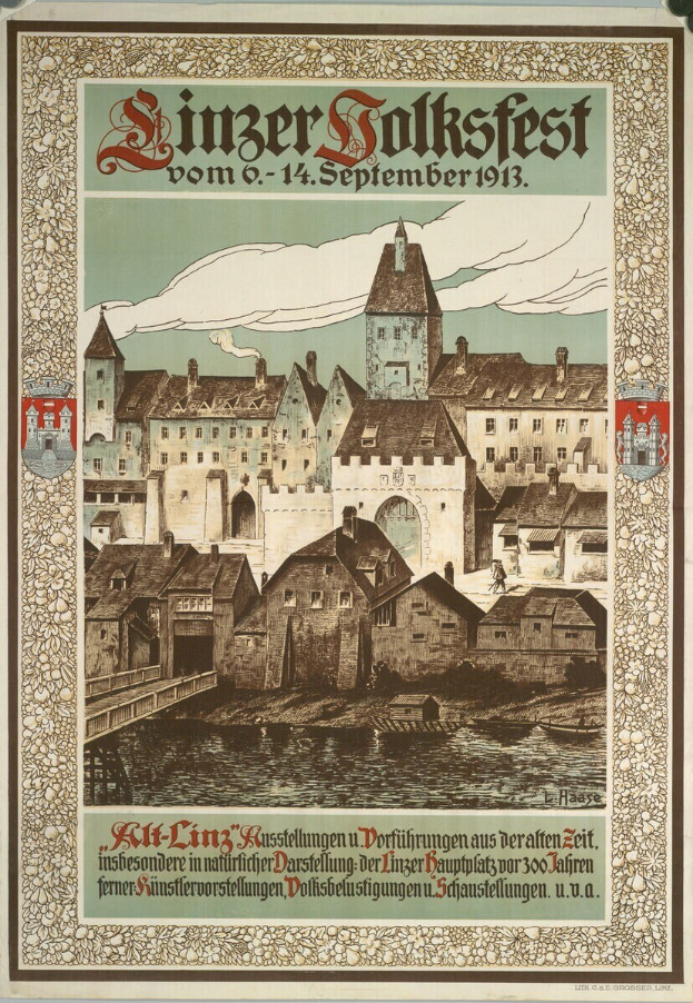 Altes deutsches Festivalplakat mit einer Burgenillustration umgeben von H├Ąusern und Text.
