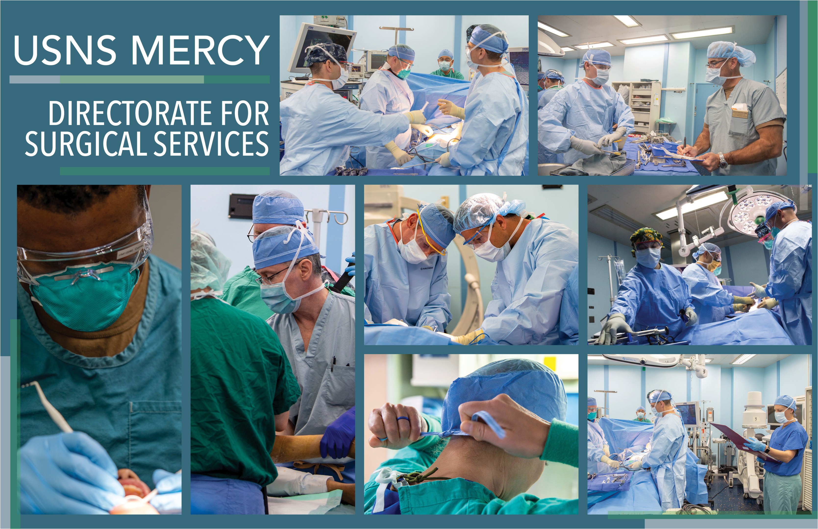 Eine Gruppe von medizinischem Personal in Masken, Kappen und Handschuhen führt einen Eingriff in einem Operationssaal durch, wobei der Text "USNS Mercy Directorate for Surgical Services" zu sehen ist.