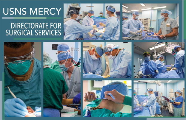 Eine Gruppe von medizinischem Personal in Masken, Kappen und Handschuhen führt einen Eingriff in einem Operationssaal durch, wobei der Text "USNS Mercy Directorate for Surgical Services" zu sehen ist.