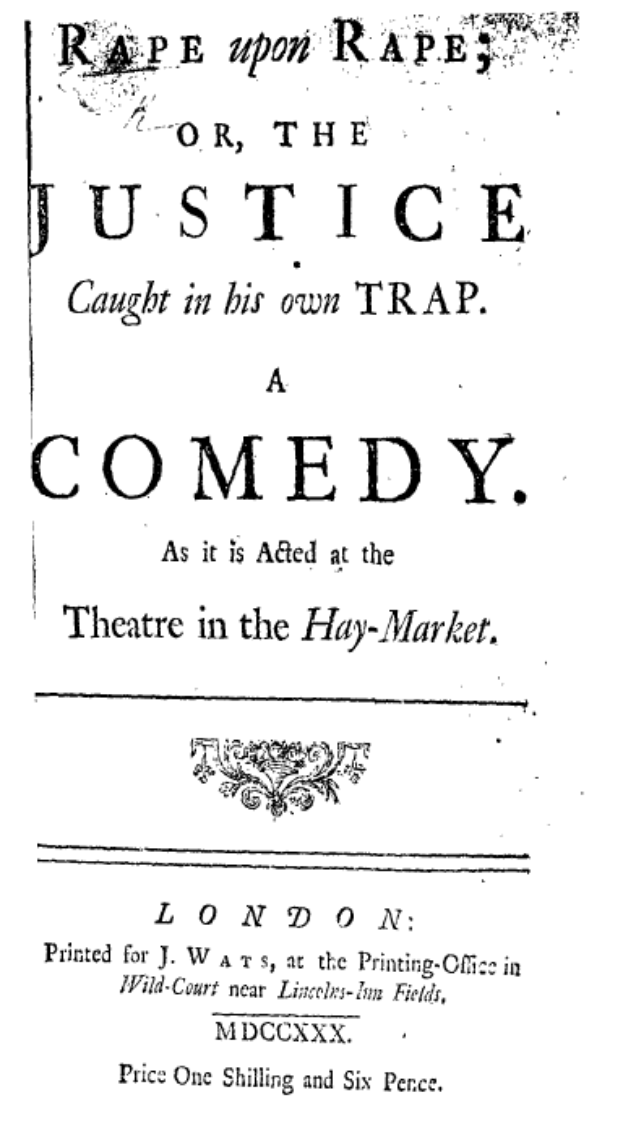 Ein schwarz-weißes Plakat mit fetter, schwarzer Schrift, die den Text 'Vergewaltigung auf Vergewaltigung oder die Justiz in ihrer eigenen Falle' trägt, wahrscheinlich Ankündigung einer Comedy-Show.