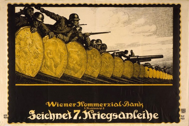 Deutsches Propagandaplakat aus dem Zweiten Weltkrieg mit Soldaten in Helmen und Waffen sowie dem Text "Wiener Kommerzialbank" unten.