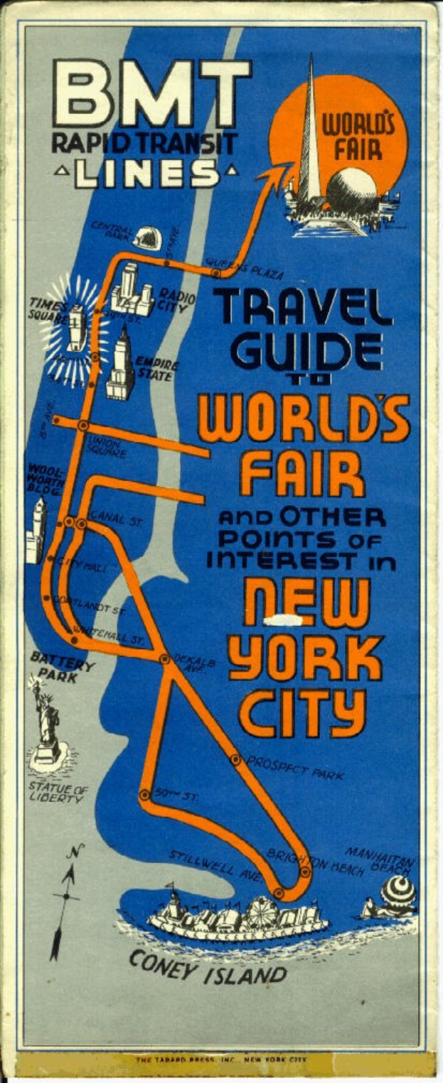 Plakat mit einer Karte der Weltausstellung New York 1964 mit Text zu Attraktionen und Ausstellungen.