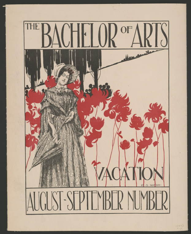 Plakat mit schwarzem Hintergrund, das eine Frau in einem weißen Kleid mit einer blauen Stola und einem weißen Hut zeigt, die in einem Feld gelber Blumen unter einem blauen Himmel steht, mit Text, der "The Bachelor of Arts Vacation August-September Number" in weißer Schrift und einem goldenen Rahmen lautet.