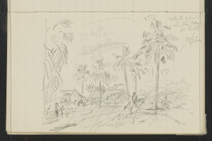 Ein offenes Skizzenbuch, das eine Zeichnung einer Gruppe von Menschen zeigt, die in einem üppigen Dschungel mit hohen Bäumen stehen, unter einem tiefblauen Himmel mit vereinzelten weißen Wolken und hellem Sonnenlicht.